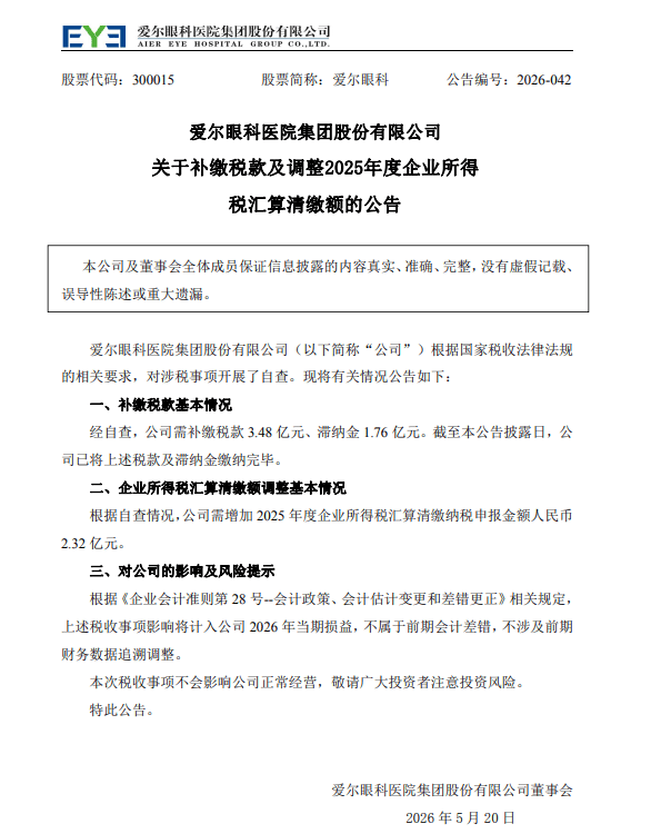 盘前突发！爱尔眼科补缴税款及滞纳金合计5.24亿元