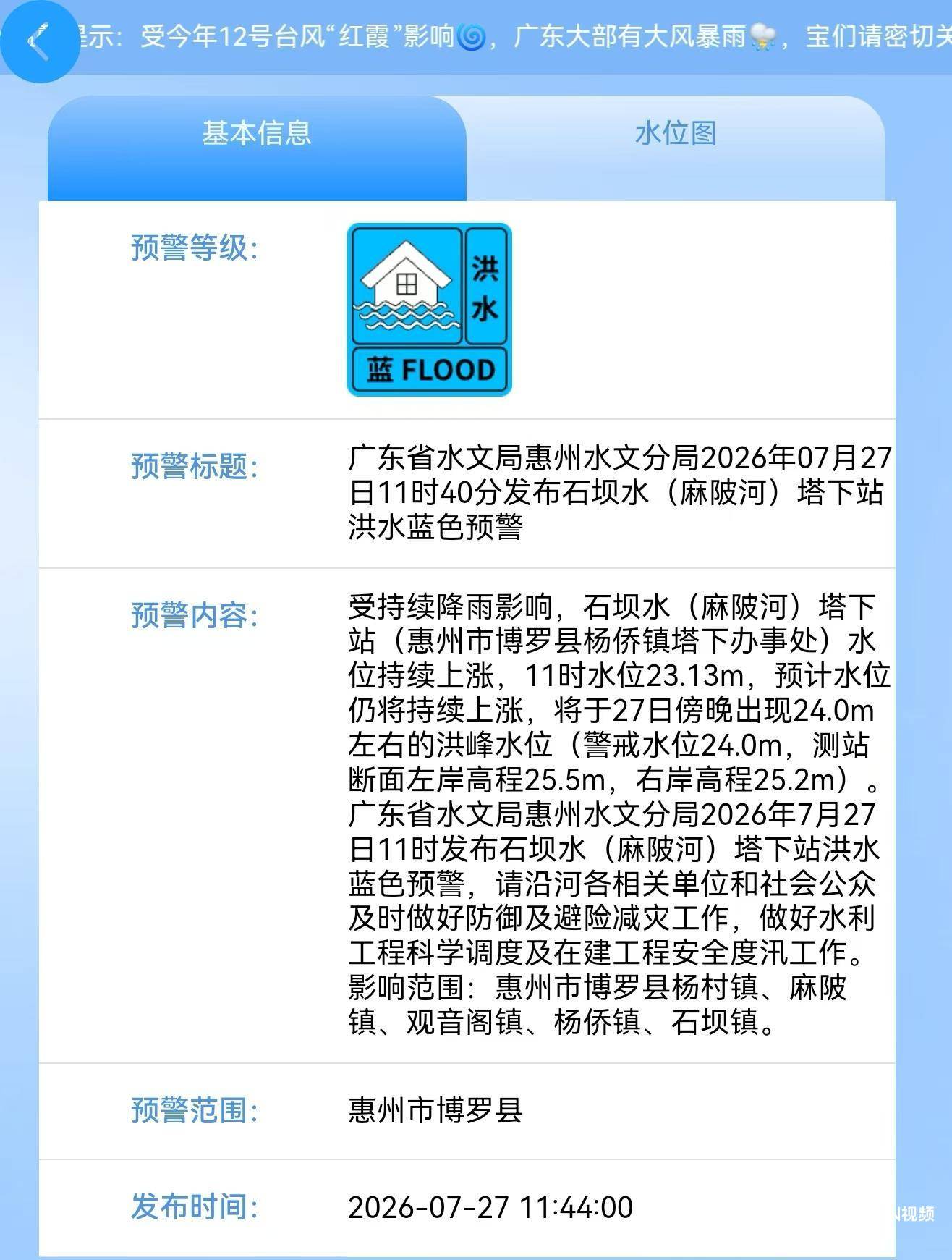 预计今晚24米洪峰将至！惠州这条河洪水蓝色预警